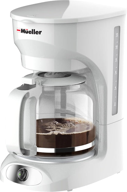 12-Cup MUELLER HOME White Coffee Maker - Borosilicate Carafe, Auto-Off, Reusable Filter, Anti-Drip, Keep-Warm Function