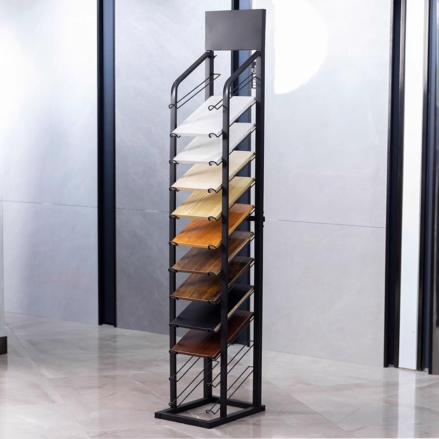 CVGfko Large Format Cabinet Samples Display Rack, Building Material Organizer Shelf with 12 Card Slots, Floor Standing Wooden Board Door Sample Holder for Retail Stores/Trade Show,Black,36x40x185cm
