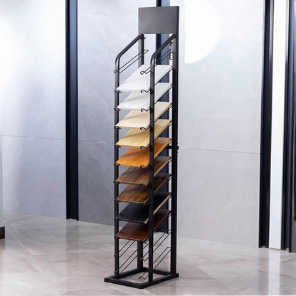 CVGfko Large Format Cabinet Samples Display Rack, Building Material Organizer Shelf with 12 Card Slots, Floor Standing Wooden Board Door Sample Holder for Retail Stores/Trade Show,Black,36x40x185cm