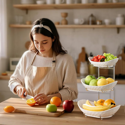 Acliys Fruit Bowl, 3 Tier Ceramic Fruit Basket, 3 Tier Serving Stand Serving Bowl with Metal Rack, Porcelain Kitchen Bowls for Fruit Vegetable Snack Nuts Dessert Cake Tray for Party Wedding