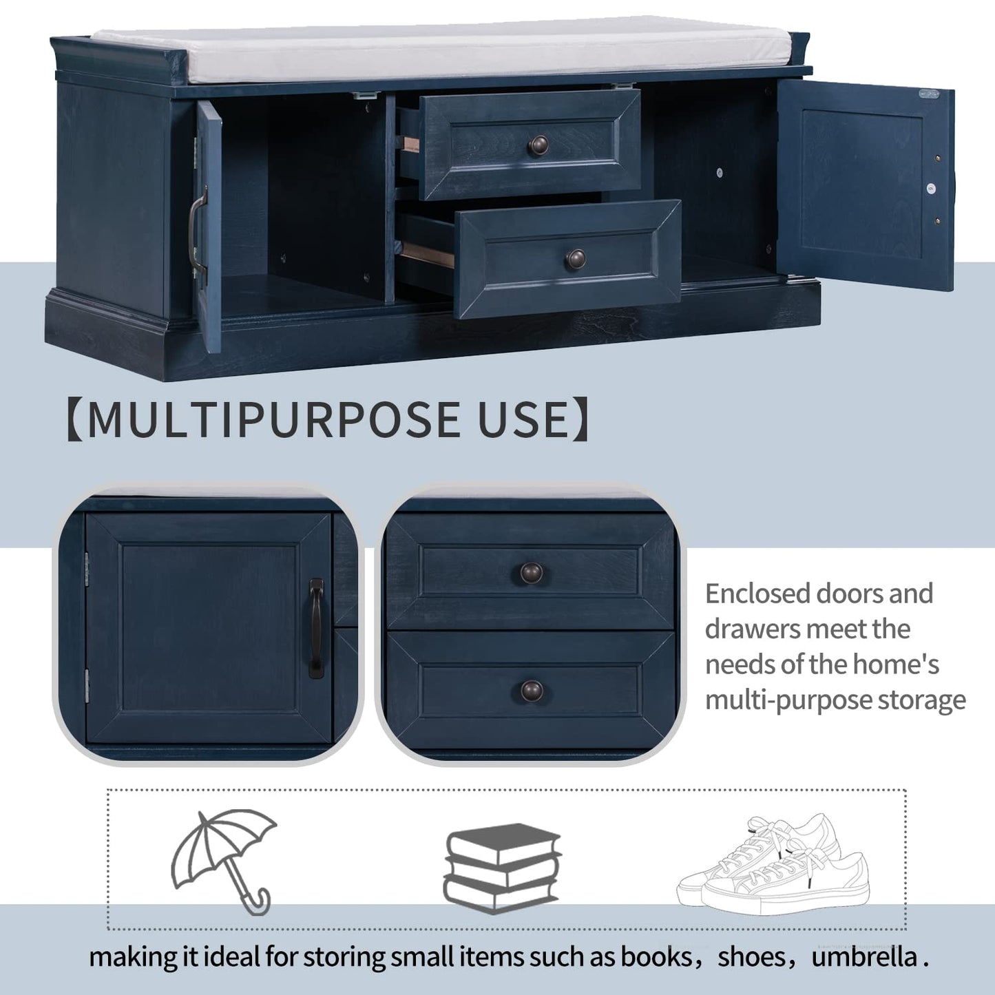 Acosure 42″ Storage Bench with 2 Drawers and 2 Cabinets，Multipurpose Entryway Shoe Rack W/Removable Cushion，for Living Room Hallway Porch,Antique Navy