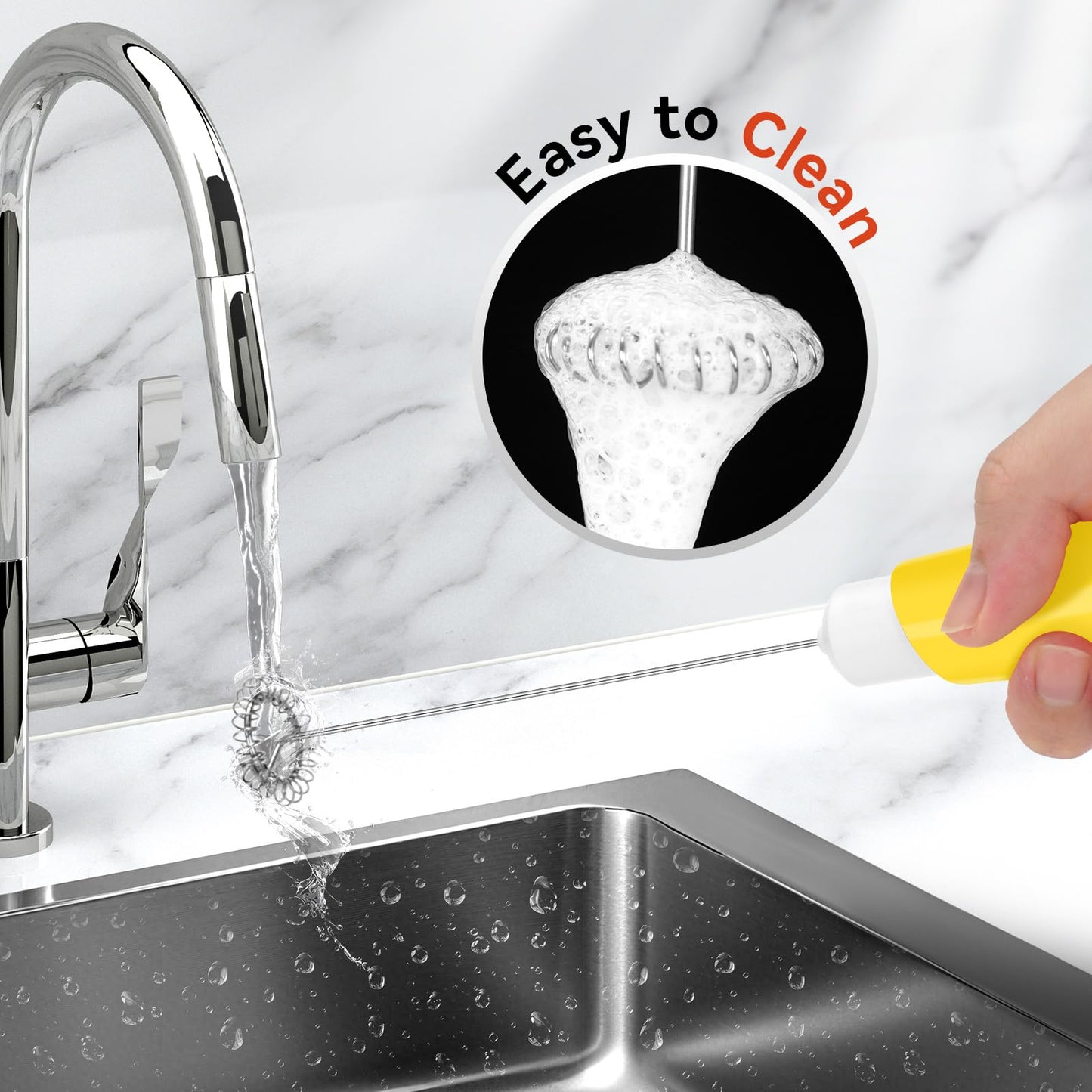 Commonfrog Powerful Milk Frother for Coffee, Fast Handheld Drink Mixer with Stainless Steel Whisk, Battery Operated Hand Frother Stirrer Wand-stand- yellow