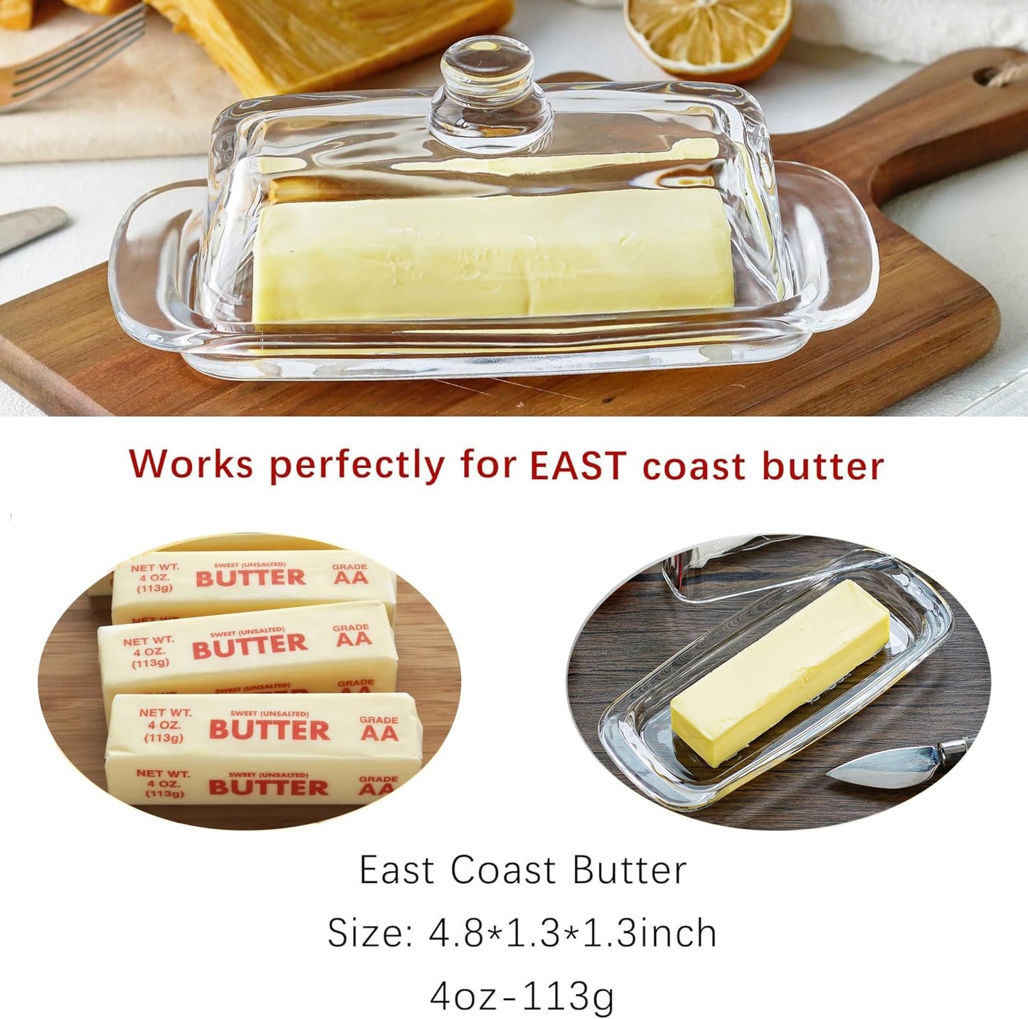 8'' Art Glass Butter Dish with Lid,Classic Covered 2-Piece Butter Container For Countertop,Multi-Purpose Preserving Serving Dessert Tray Bowl,Dishwasher Safe