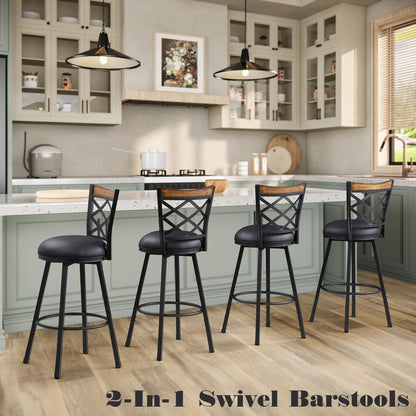 MIITODAY Set of 2 Swivel Bar Stools with Backs, 2-in-1 Adjustable 25"/30" Height, Farmhouse Kitchen Counter Chairs, Heavy Duty Industrial Metal & Black Faux Leather Seat