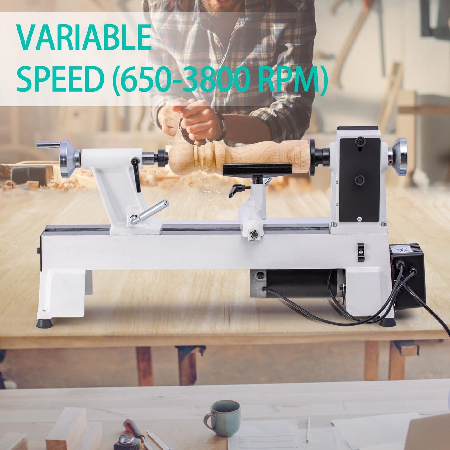 CXRCY 12" x 18" Wood Lathe, Benchtop Wood Lathe Machine 3/4 HP Infinitely Variable Speed 650-3800 RPM with Goggle for Woodworking, Woodturning