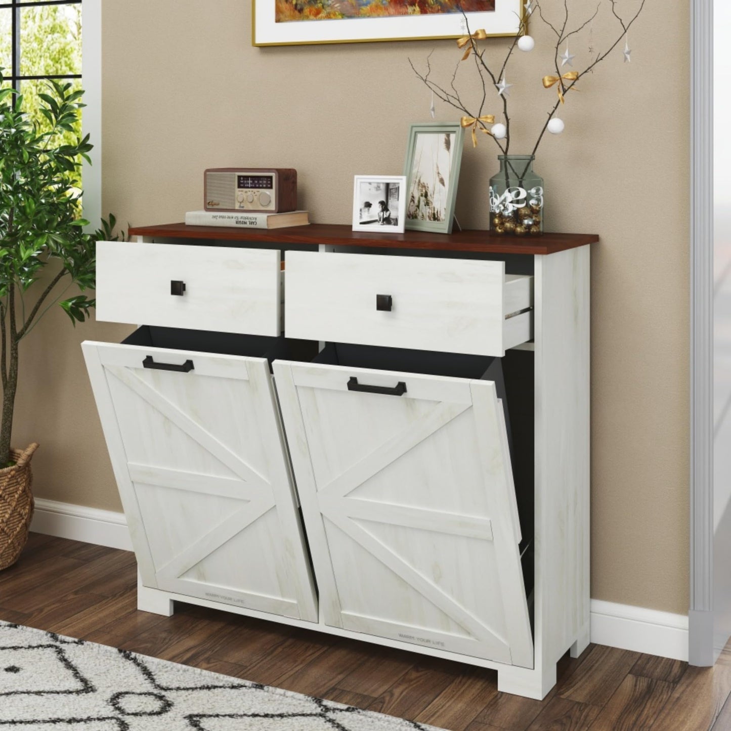 WEALTHGIRL Farmhouse Double Tilt-Out Trash Cabinet for 20-Gallon Trash Cans,Recycling Cabinet with Hidden Drawer, Barn Door Style Laundry Sorter Cabinet,for Kitchen, Bathroom, and Living Room