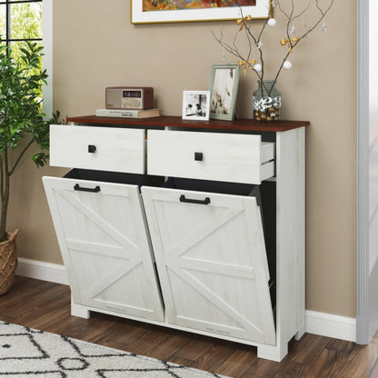 WEALTHGIRL Farmhouse Double Tilt-Out Trash Cabinet for 20-Gallon Trash Cans,Recycling Cabinet with Hidden Drawer, Barn Door Style Laundry Sorter Cabinet,for Kitchen, Bathroom, and Living Room
