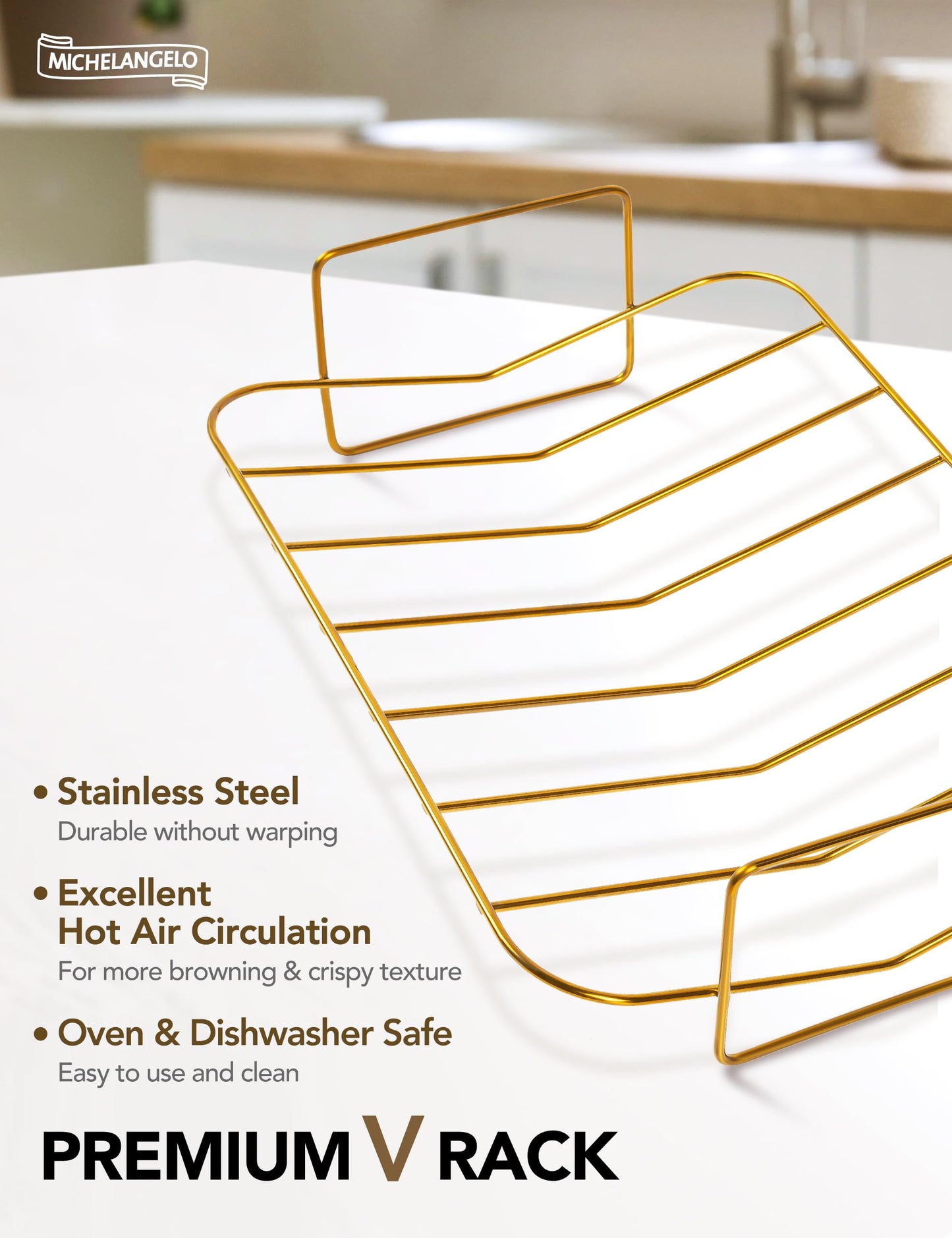 MICHELANGELO Roasting Pan with Rack, Carbon Steel Turkey Roasting Pan for Oven and Induction, Nonstick Turkey Roaster Pan with Stainless Steel Golden Rack & Golden Handle, 15 Inch x 11 Inch