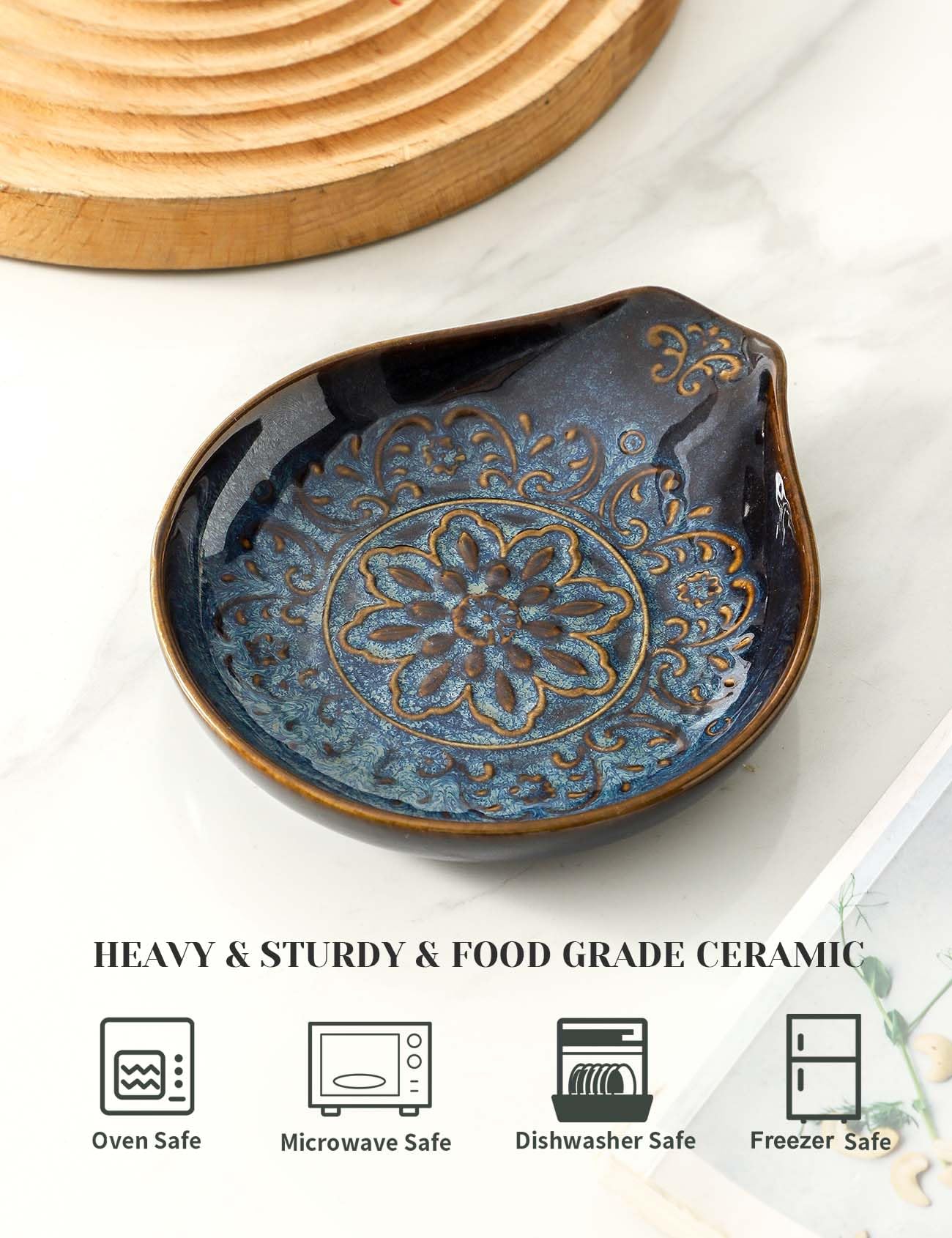 Ryfog Spoon Rest for Stove Top, Ceramic Cooking Spoon Holder for Kitchen Counter, Farmhouse Cooking Utensil Holder for Spoons, Ladles, Spatula, Glazed Blue