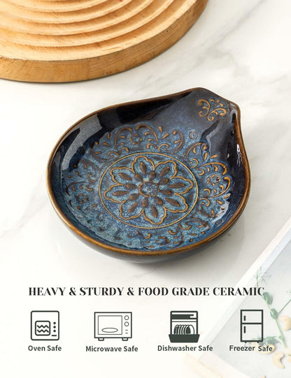 Ryfog Spoon Rest for Stove Top, Ceramic Cooking Spoon Holder for Kitchen Counter, Farmhouse Cooking Utensil Holder for Spoons, Ladles, Spatula, Glazed Blue