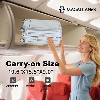 Magallanes 20 Inch All Aluminum Carry On Luggage with Front Laptop Pocket - Zipperless Hard Shell Suitcase for Business Travel, TSA Approved, Silent Spinner Wheels, USB Charging Port, Silver