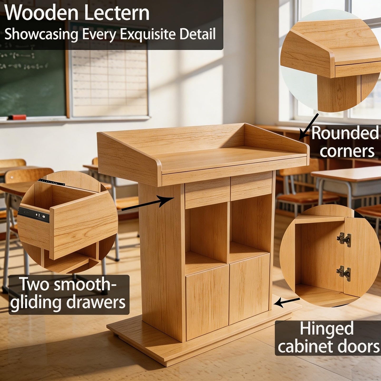 Portable Podium Stand with Lockable Wheels - Mobile Lectern for Church, Office, School, Conference & Restaurant - Includes Storage Compartment - Natural Finish
