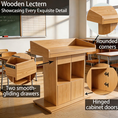 Portable Podium Stand with Lockable Wheels - Mobile Lectern for Church, Office, School, Conference & Restaurant - Includes Storage Compartment - Natural Finish