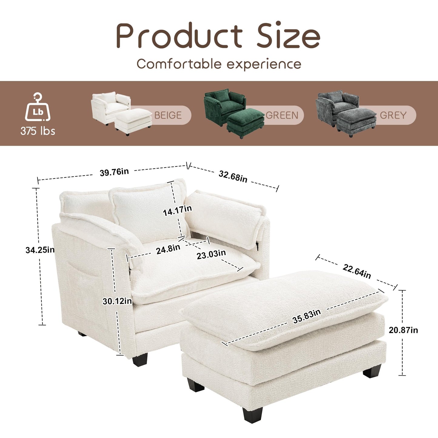 KEIKI Boucle Oversized Lounge Chair, Cozy Reading Chair with Storage & Ottoman, 40" W Modern Accent Chair W/Double Deep Cushion, Upholstered Armchair Seating for Living Room, Bedroom, Beige