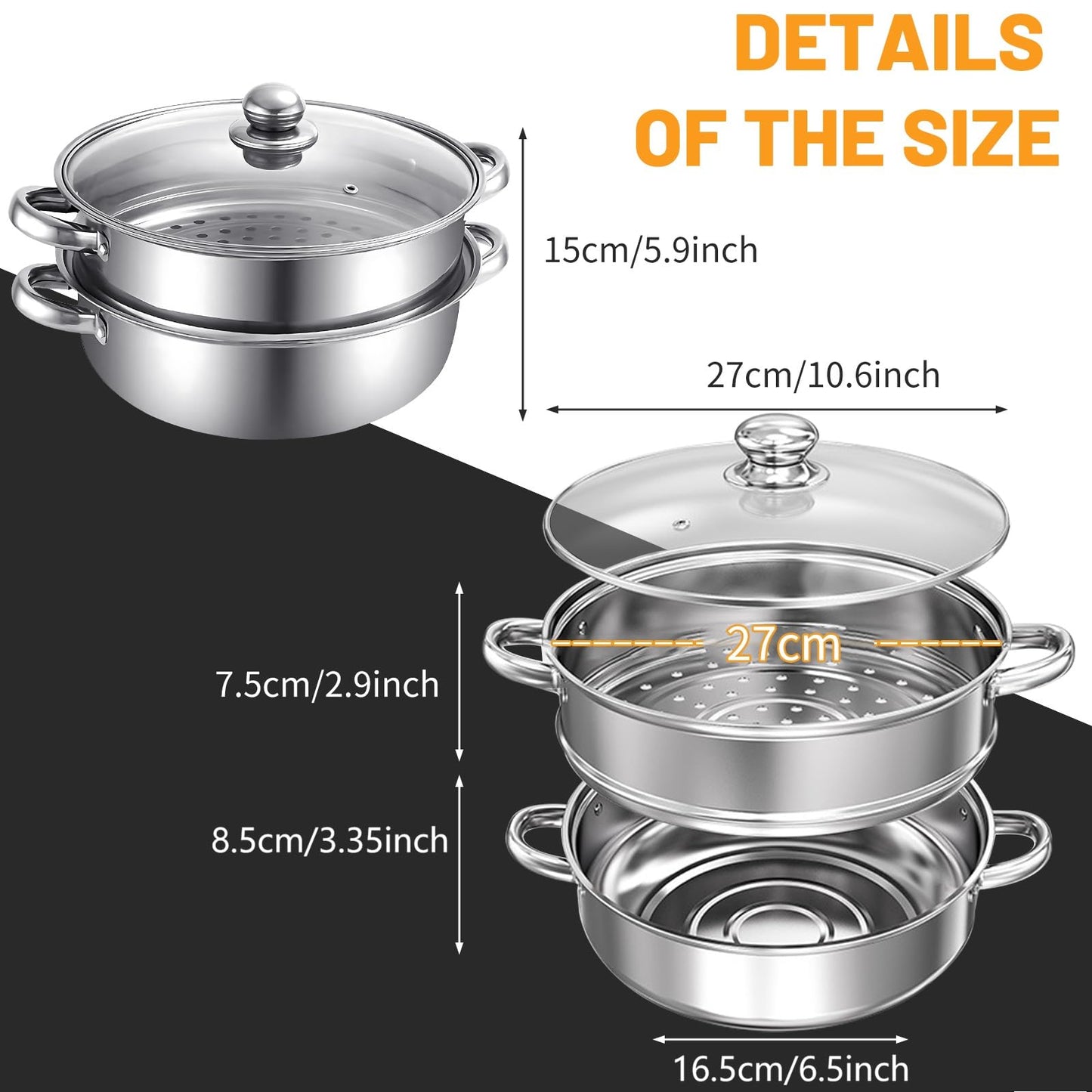 2-Tier 28cm 304 Stainless Steel Steamer Pot with Glass Lid,for Dumplings, Seafood, Veggie Stews & Homemade Soups