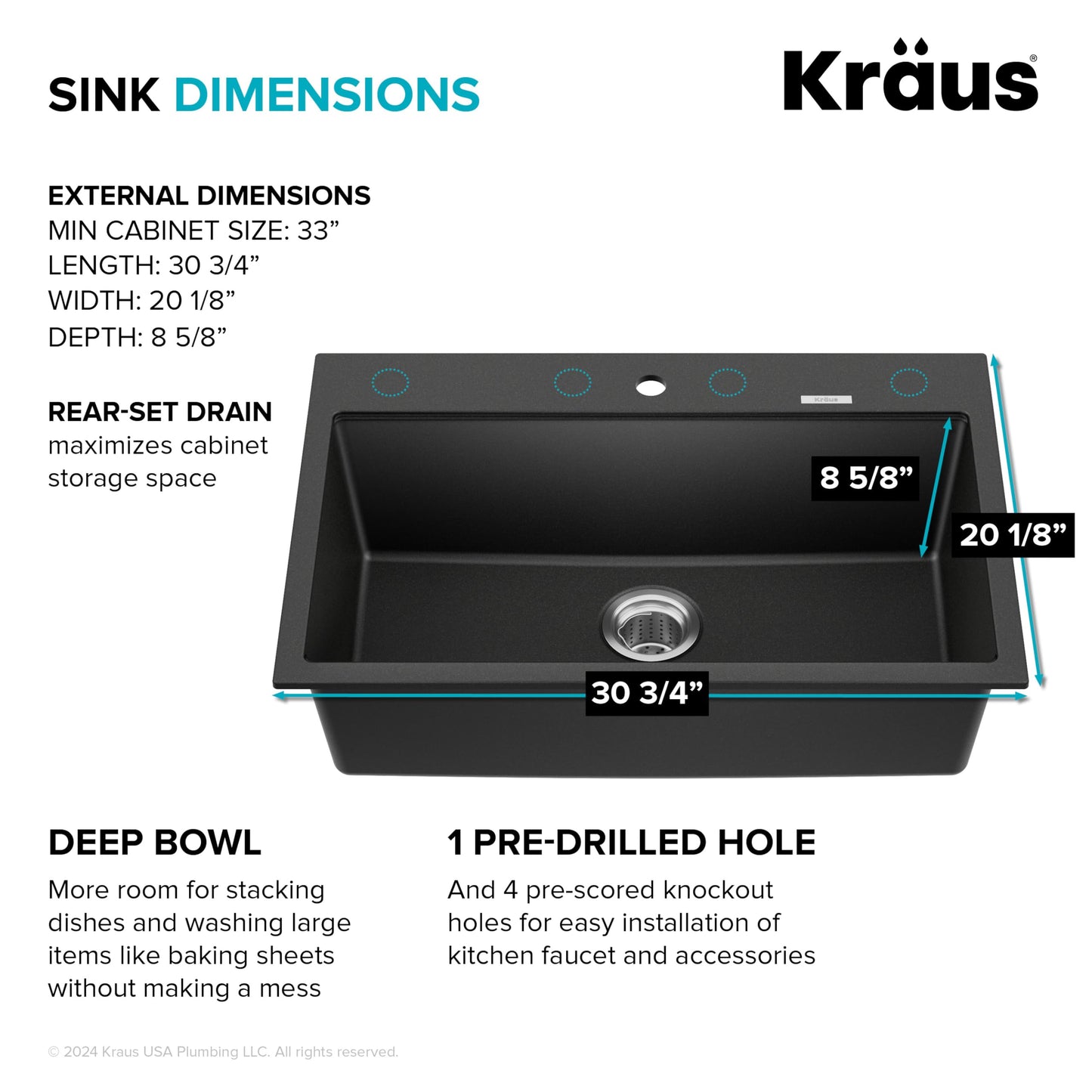 KRAUS Quarza 31-inch Drop-In/Undermount Single Bowl Granite Kitchen Sink in Black Onyx, KGD-412B