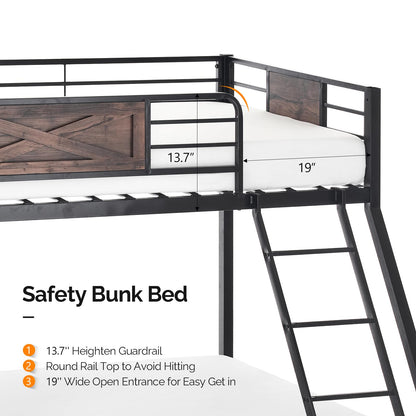 Bonnlo Metal Bunk Bed Twin Over Full with 2 Storage Drawers, Heavy Duty Twin Over Full Bunk Bed for Kids Teens Adults, 13.7-Inch Guardrail, Inclined Ladder, No Box Spring Needed, Black/Brown