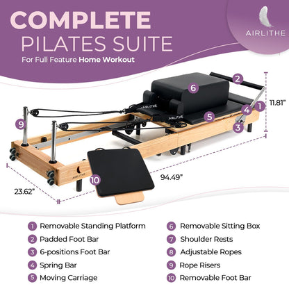 Airlithe Foldable Pilates Reformer Machine for Home Workouts – Wooden Pilates Reformer Equipment with 360° Wheels, Reformer Box, Jump Board & Foot Board | 70+ Guided Workouts