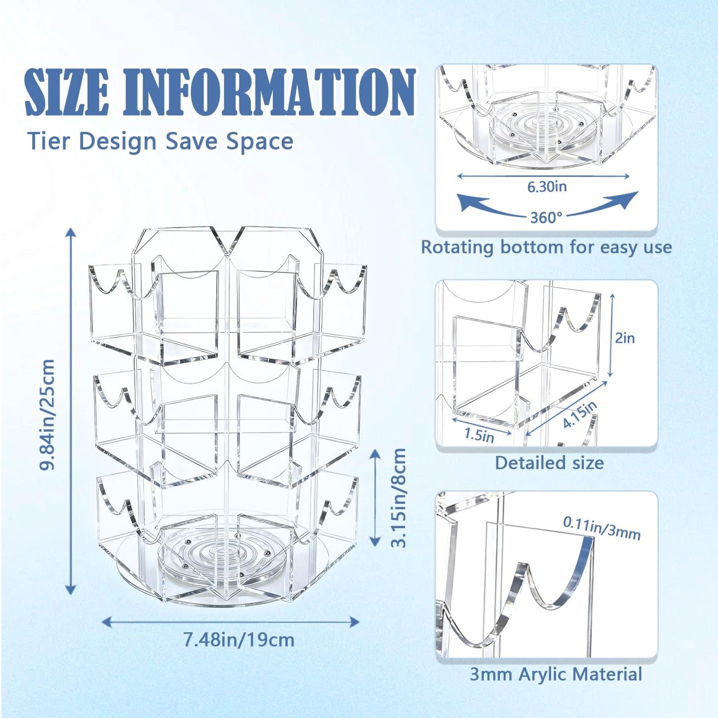 Girouetes Spinning Sticker Display Stand for Vendors, Acrylic Clear 360° Rotating Sticker Card Holder for Retail, No Assembly Required 3 Tier 9 Pockets Business Card Organizer Rack for Tabletop Office Home Desk