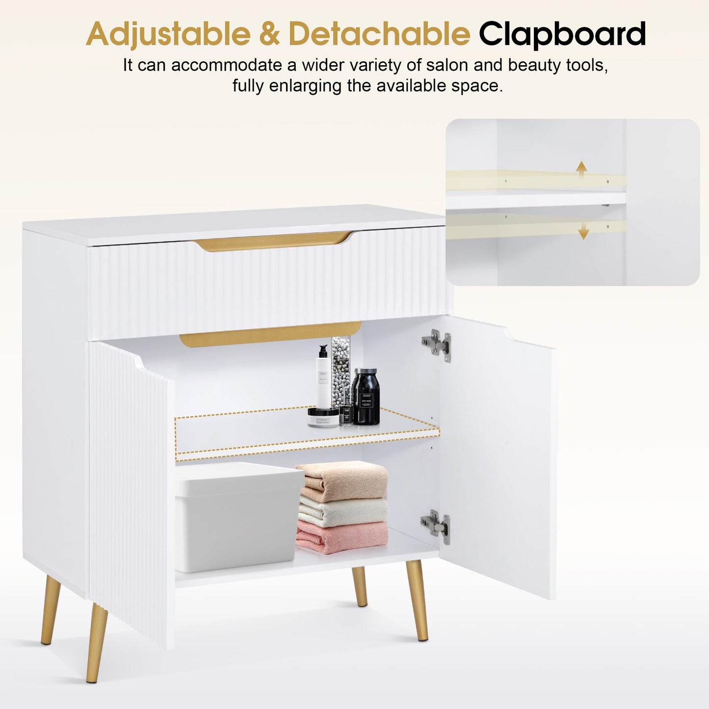 BarberPub Barber Station with Drawer & Cabinet, Beauty Salon White Storage Organizer with Concave Fluted Wall, Modern SPA Freestanding Equipment 3196 (White)