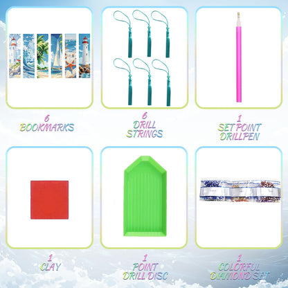 beinkmake 6Pcs 5D Diamond Painting Bookmarks Kit, Ocean Theme DIY Diamond Art Book Marks with Tassels, Diamond Dotz Bookmark Set for Adults Kids Beginners Craft Gift