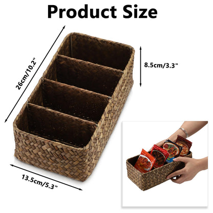 BSTKEY Seasoning Packet Organizer, Food Storage Organizer with 4 Compartments, Seagrass Woven Divided Basket for Kitchen Pantry Cabinet, Kitchen Organization Bin for Snacks Spice Packets