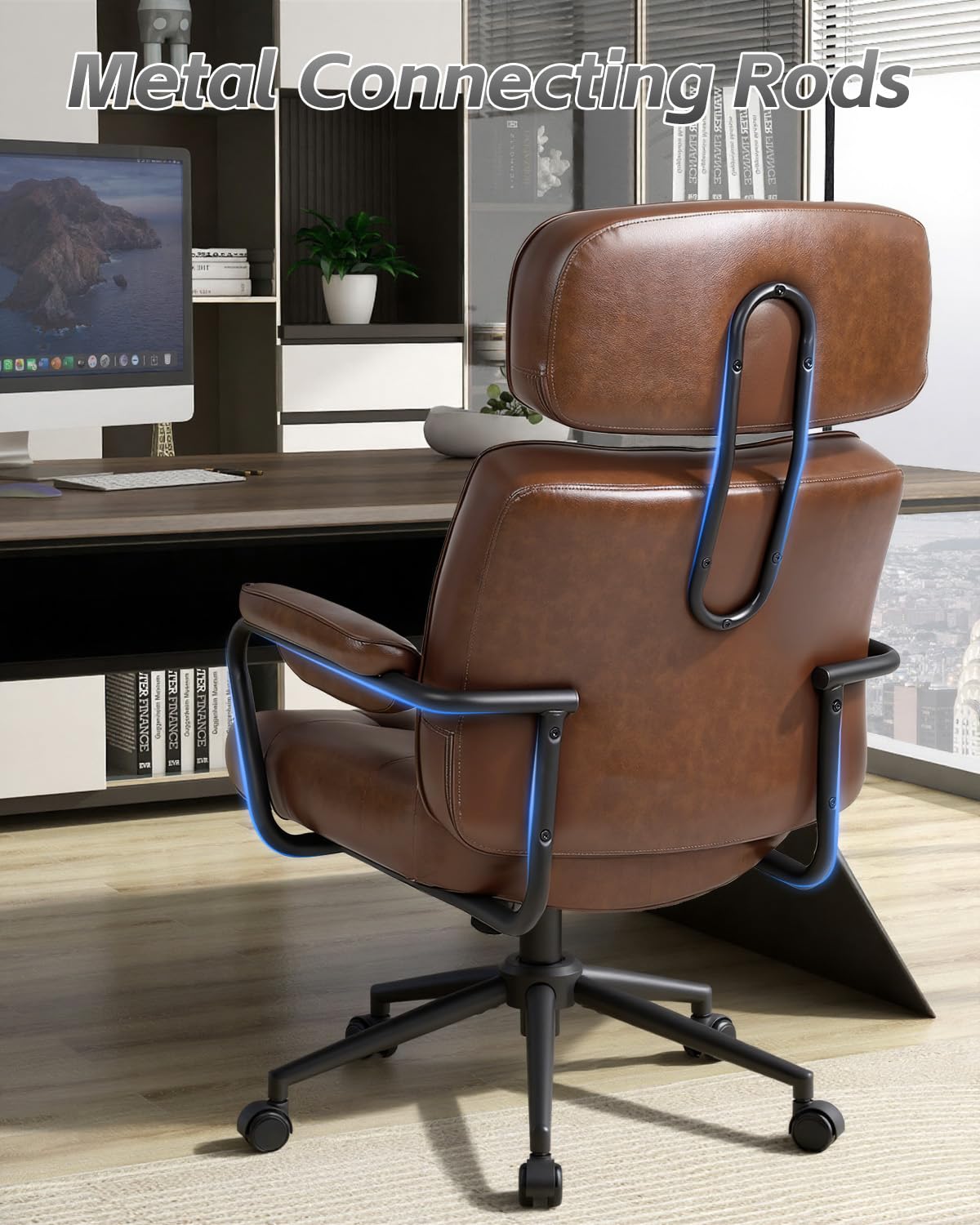 Mid Century Modern Home Office Desk Chair, Ergonomic Office Chair Big and Tall, High Back Executive Office Chair Leather Extra Wide, Computer Chair Comfy, Adjustable Height Rolling Chair, Caramel