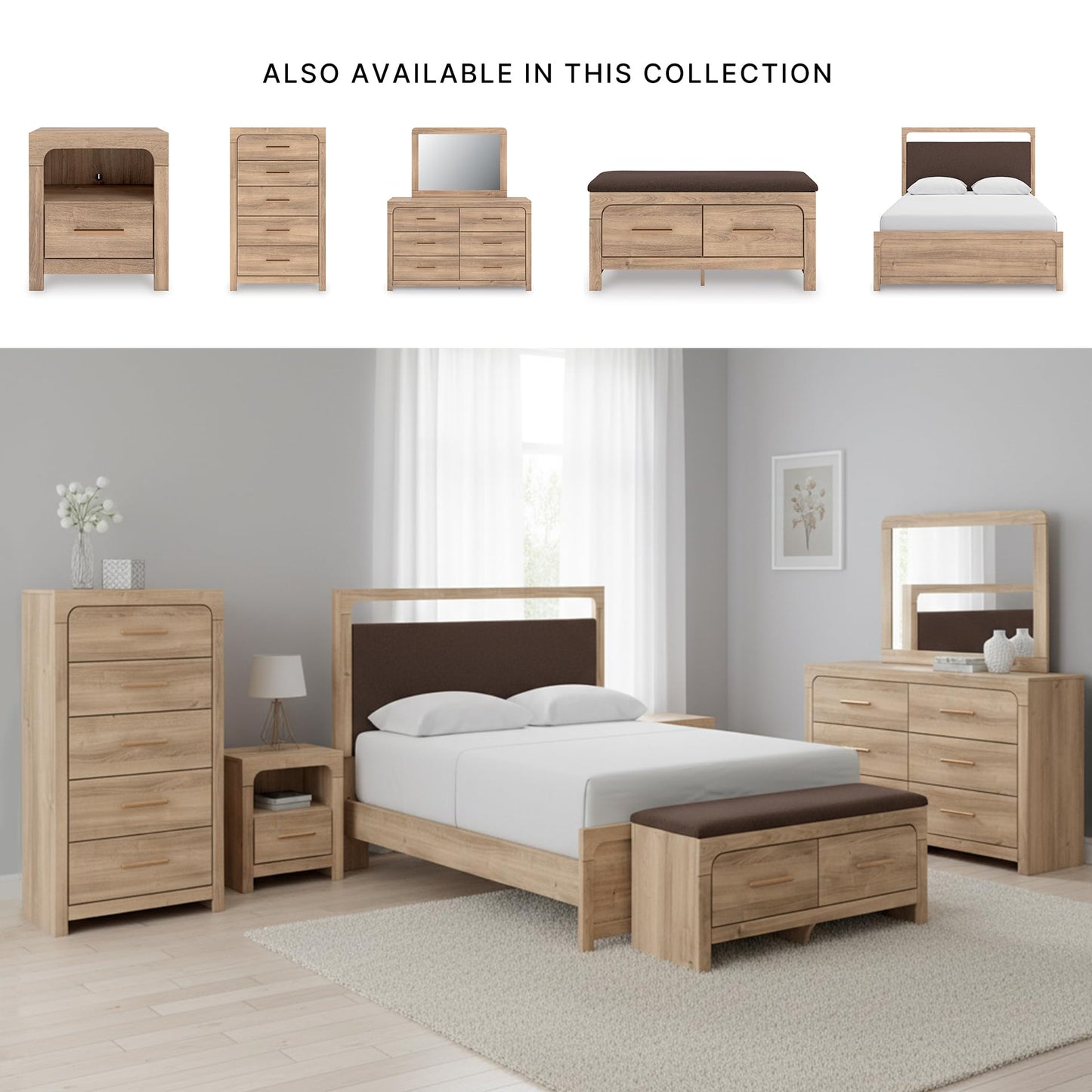 Signature Design By Ashley Hollymount Upholstered Bedroom Storage Bench, Two Drawers, Bronze Hardware, Wood/Fabric, 43.62" W x 15.75" D x 20" H, Tan/Brown