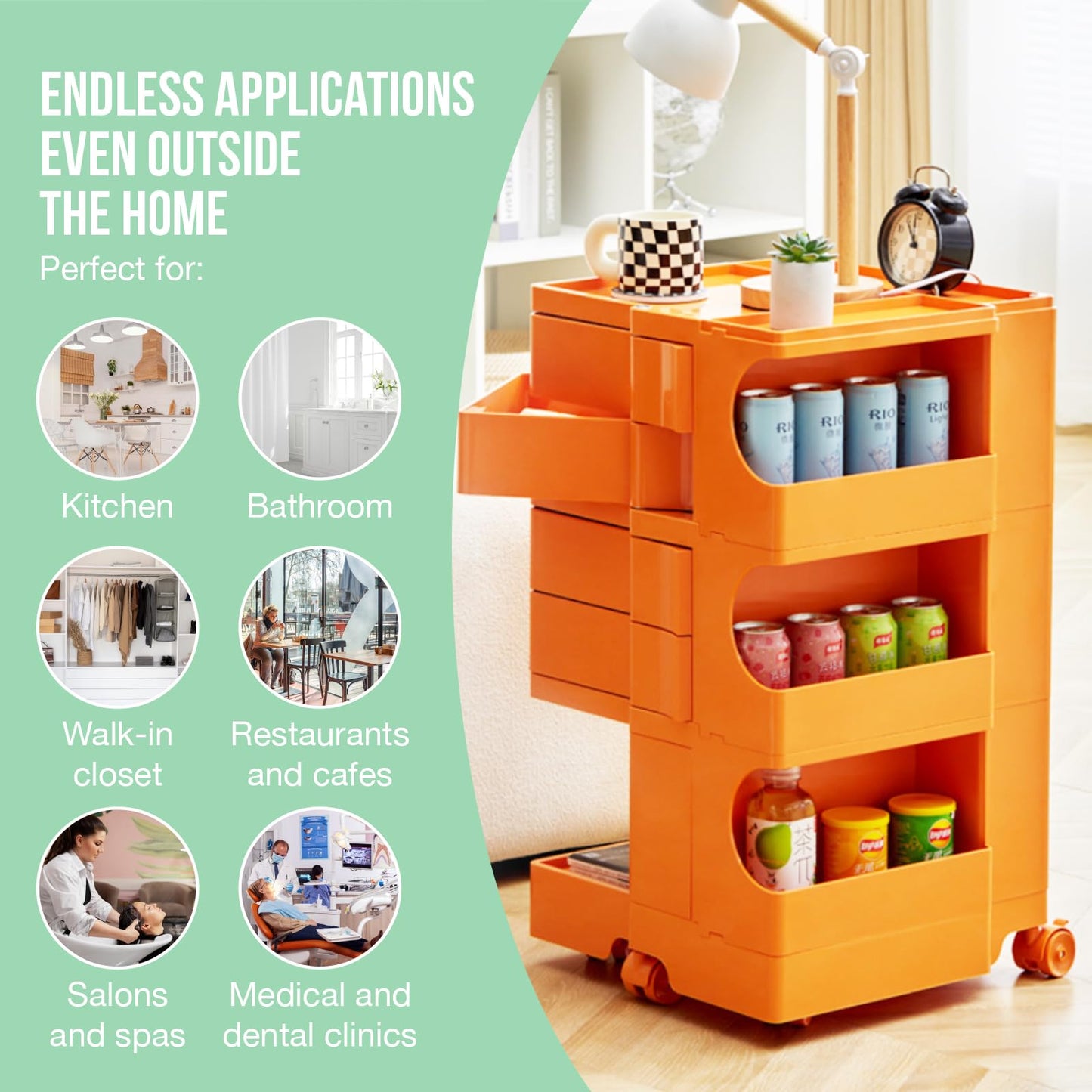 Multipurpose Utility Storage Cart - Industrial Storage with Wheels and Slide Out Drawers - Professional Trolley Cart - Portable Caddy for Salon Supplies, Kitchen Needs, Medical Tools - Tropical Orange