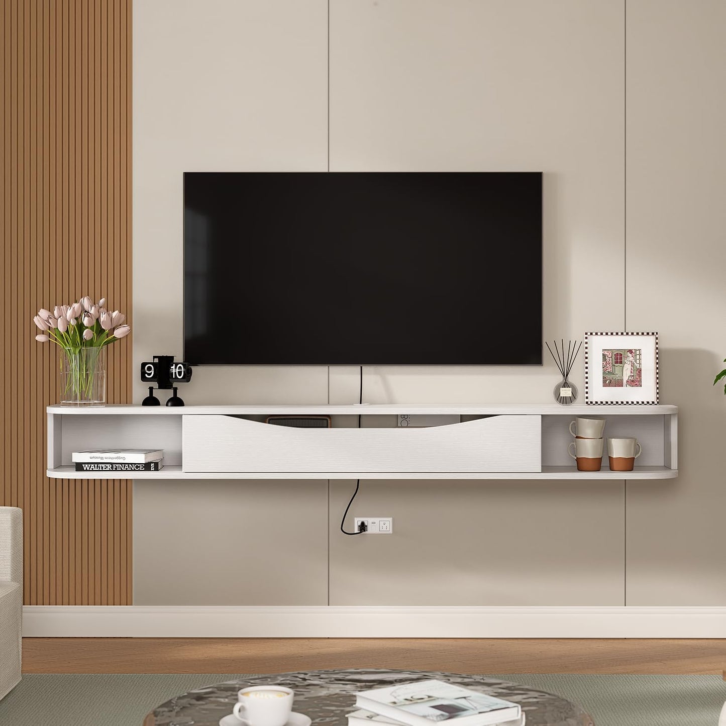 FurniNova 70'' Floating TV Stand, Modern Wall Mounted Media Console for 75 inch TV,Floating Entertainment Center with Storage,Under TV Shelf for Living Room Bedroom,White