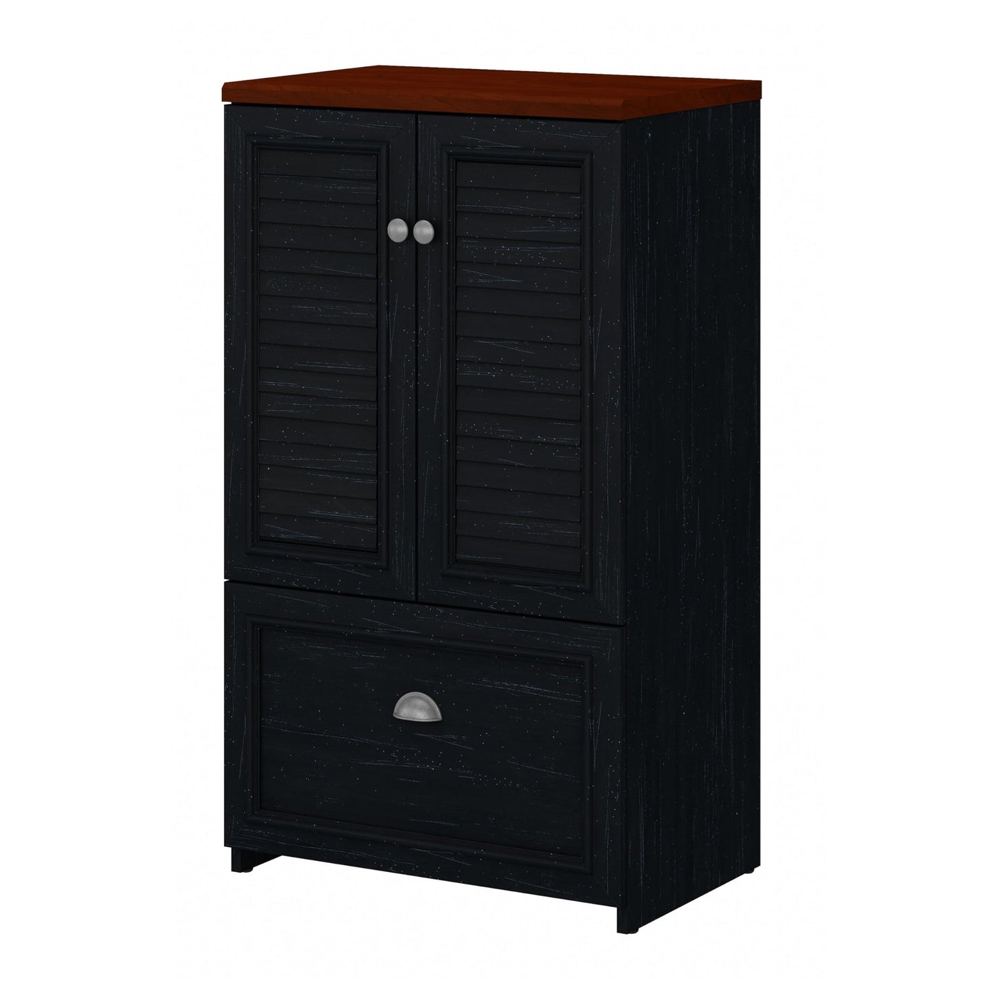 Bush Home Fairview 2 Door Storage Cabinet with File Drawer in Antique Black and Hansen Cherry