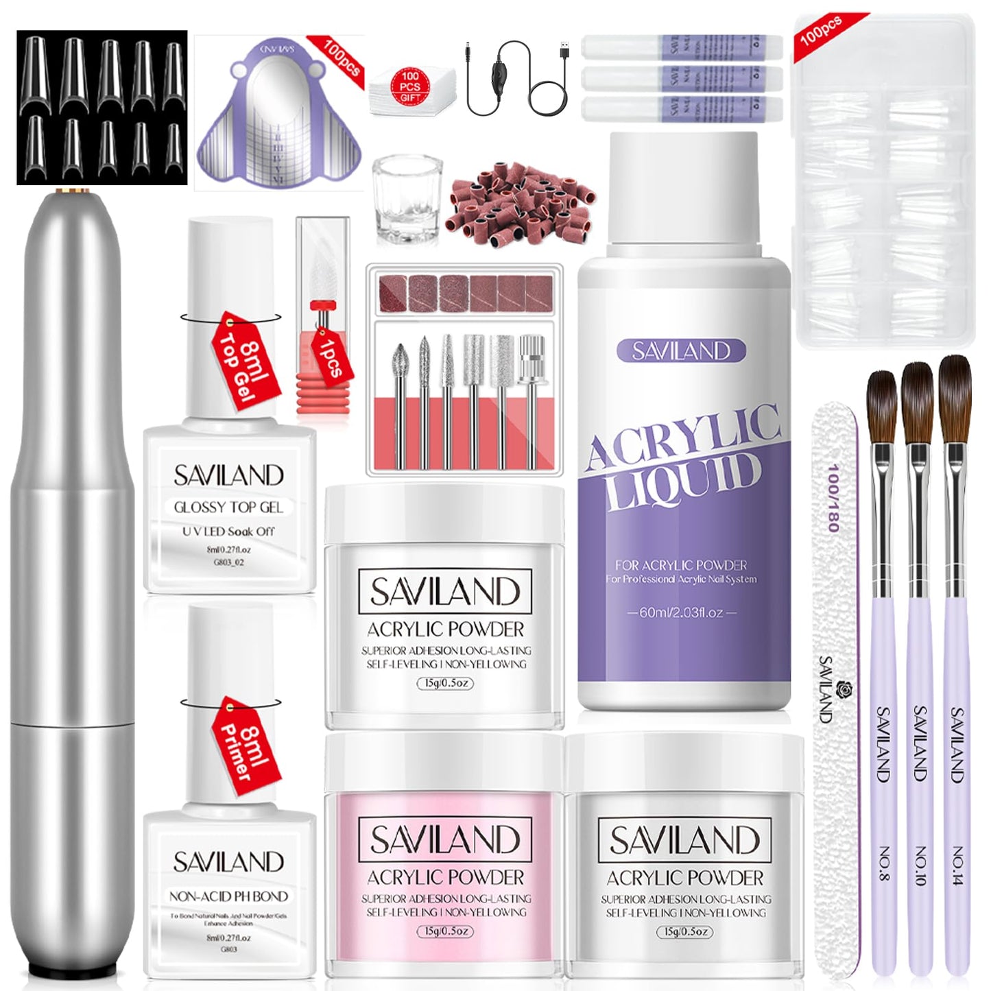 SAVILAND Essentials Acrylic Nail Kit Starter: Acrylic Nail Kit for Beginners with Everything White Pink Clear Acrylic Powder and Liquid Set #8/10/14 Nail Brush Forms Manicure Tools Home Nail Salon DIY