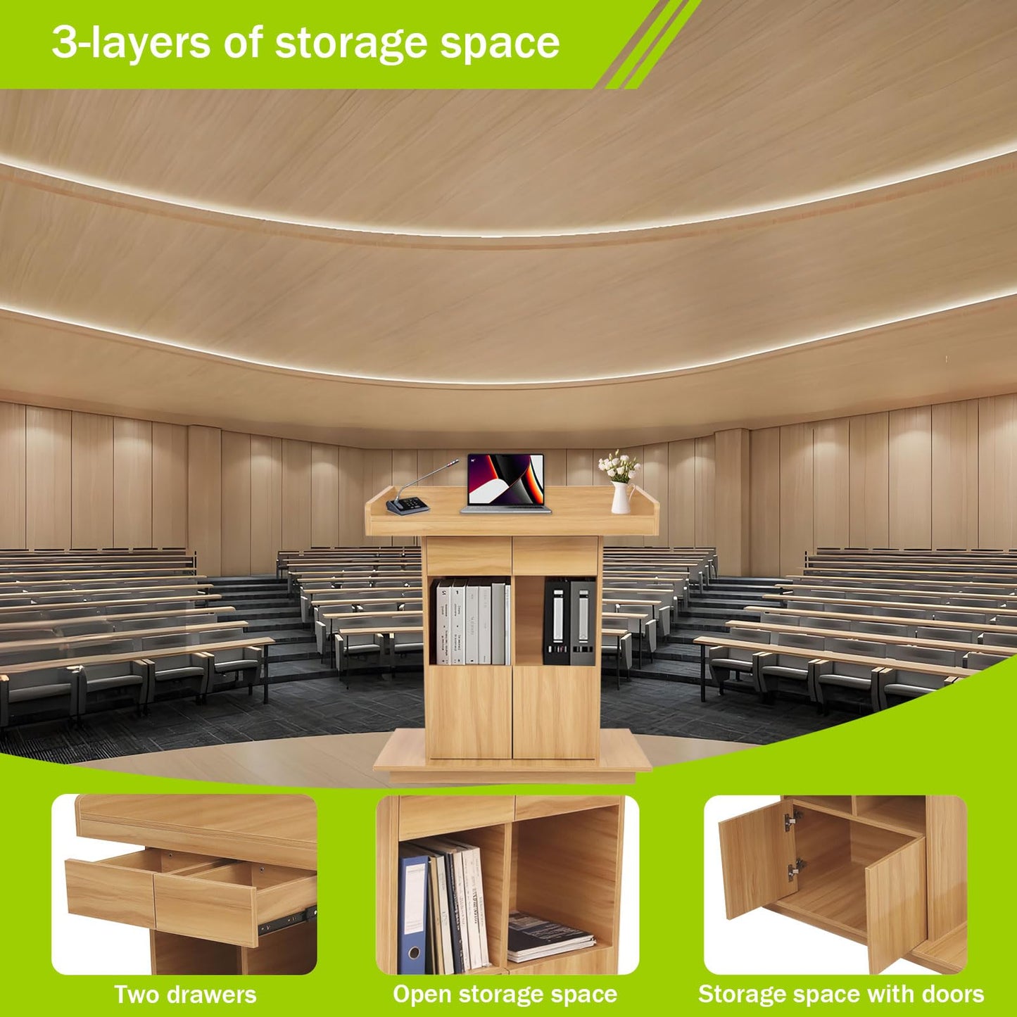 Wooden Podium Stand for Church Wooden Speaking Lectern with Drawers and 3 Levels of Storage Lecterns and Podiums Pulpit Stand for Churches Classroom Conference Room (Natural Wood Color, 39.4 * 20in)