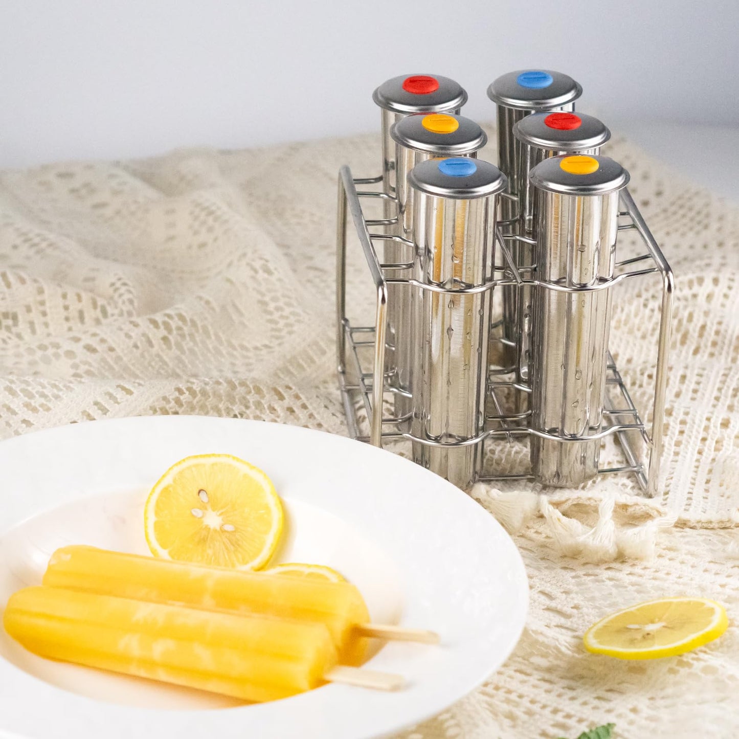 Stainless Steel Popsicle Molds, Set of 6 Ice Cream Maker, Ice Pop Molds With Holder, Metal Reusable Homemade Popsicle Molds with Sticks and Bags (Flower Cup)