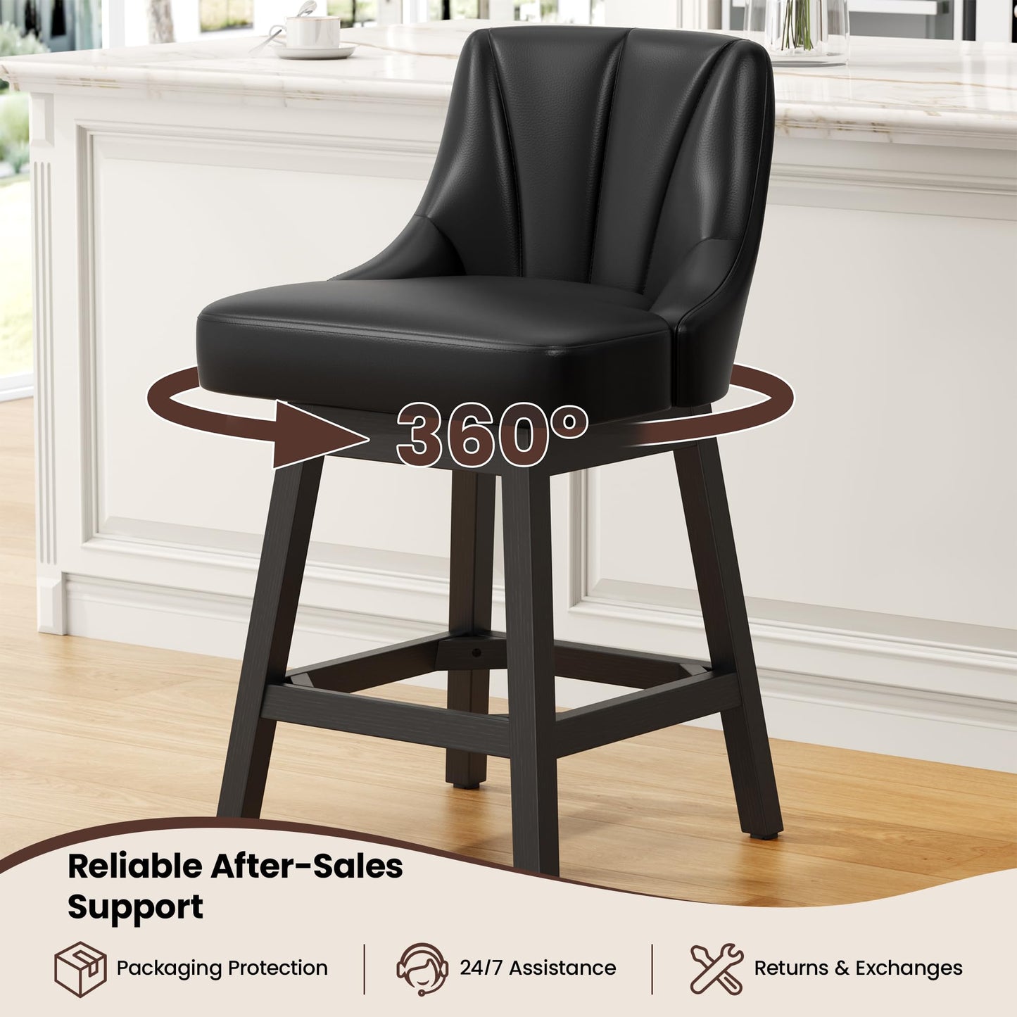 REONEY Swivel Bar Stools Set of 4, 26inch PU Leather Upholstered Counter Height Barstools, Modern Kitchen Island Chairs with Back and Solid Wood Legs for Home Bar, Black