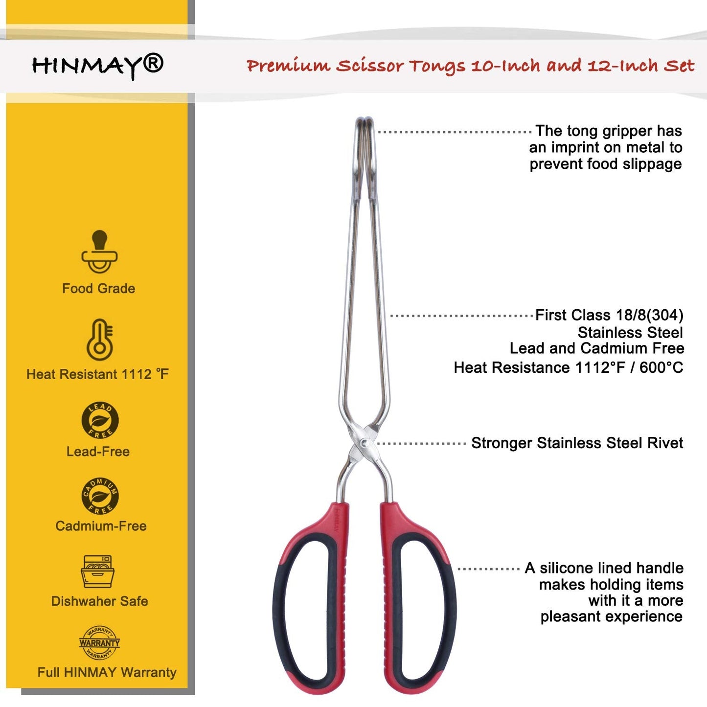 HINMAY Stainless Steel Scissor Tongs 10-Inch and 12-Inch Set, Set of 2