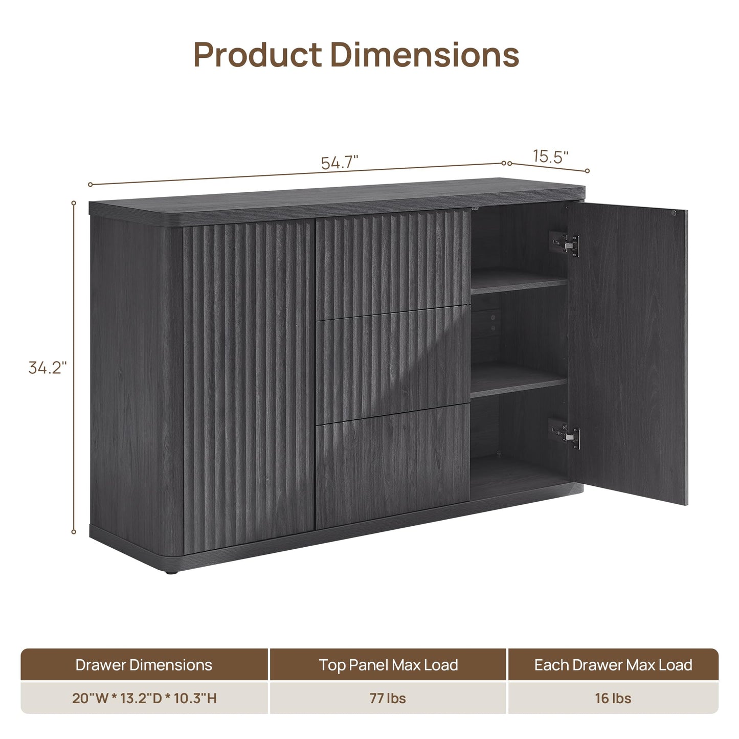 SICOTAS Buffet Cabinet with Storage 54.7" Large Modern Accent Storage Cabinet with Doors and Shelves Wooden Fluted Sideboard Credenza Buffet Table Coffee Bar for Living Room Kitchen Dining Room