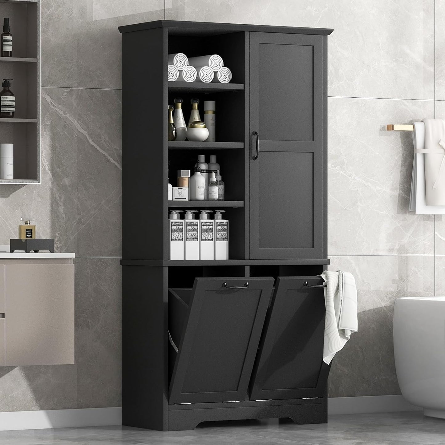 Virubi Tall Laundry Cabinet with 2 Tilt Out Laundry Hamper, Wood Bathroom Storage Cabinet with Doors and Adjustable Shelves Freestanding (Black)