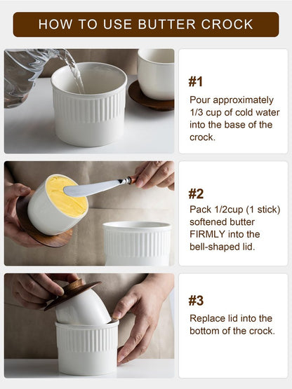 YHOJOY Ceramic Butter Dish With Lid, Butter Crock for Countertop, French Butter Keeper for Spreadable Butter, Elegant Embossed Pattern, Cream White