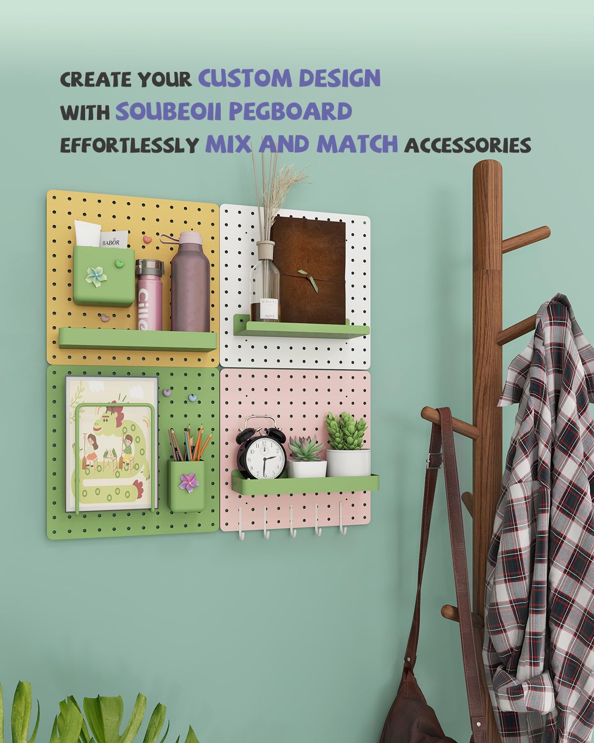 Soubeoii Metal Pegboard Combination Kit — 4 Carbon Steel Pegboards with 26 Accessories, Pegboard Wall Organizer for Home, Office, Study Room, Kitchen, Garage & Craft Room — 24″ × 24″ Pink Peg Board