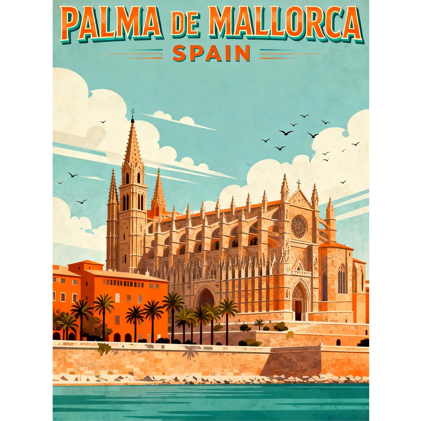 JZHYOAN Palma De Mallorca Vintage Travel Poster Diamond Painting Church Gem Art and Craft 5D Full Drill Crystal Rhinestone Round for Wall Decro Spain Landscape Diamond Art Travel Poster 30x40cm