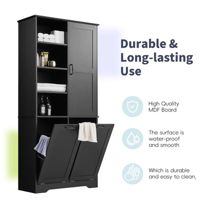 Merax Cabinet with Tilt-Out Laundry Hamper Basket, Tall Bathroom Storage Organizer Linen with Open Shelf for Home, Freestanding, Black
