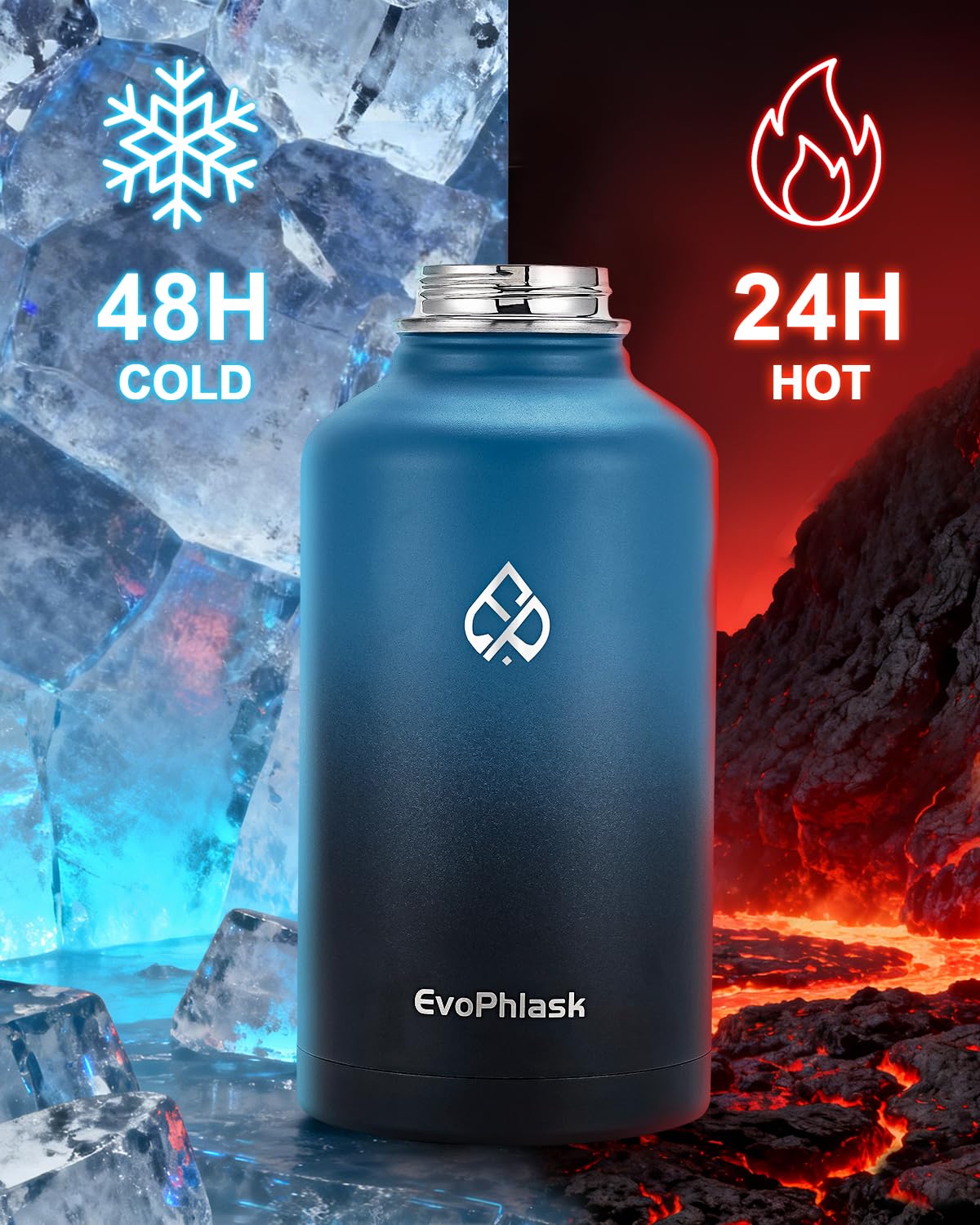 EvoPhlask 64 oz Insulated Water Bottle(Cold for 48Hrs), Large Stainless Steel Water Bottle BPA Free, Leak Proof Half Gallon Water Jug for Sport, Hiking, Camping, Travel, Indigo Black
