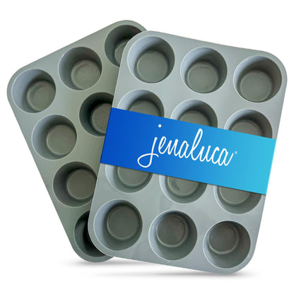 Jenaluca Silicone Cupcake & Muffin Pan for Baking - Set of TWO 12-cup pans, 12x9 Size, Non-stick, BPA Free, Dishwasher Safe - no cupcake liner needed