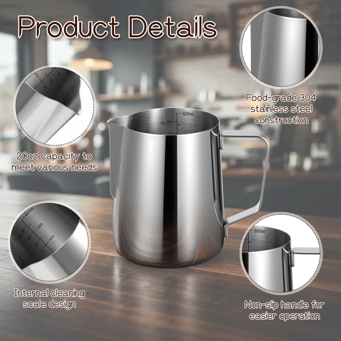 4 Pcs 20oz Milk Frothing Pitcher with 4pcs Latte Art Pen, 304 Stainless Steel Steaming Pitchers with Sharp Spout, Milk Frother Cup for Barista Coffee Bar Espresso, Latte Art (600ml)