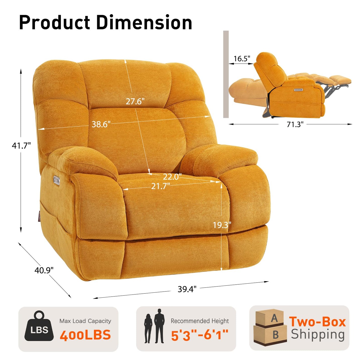 EONIX Dual Motor Zero Gravity Power Recliner Chair with Heat and Massage, 400lbs Lay Flat Recliner Sofa Chair with Extended Footrest, Cozy Padding and Cushion, SXXY007032, Orange