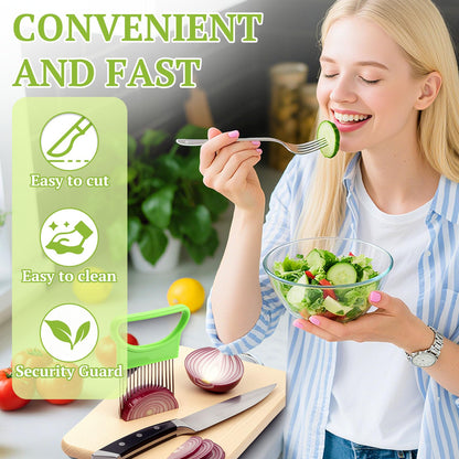 FANTEXY 3Pieces Onion Holder for Slicing, Stainless Steel Onion Cutter for Slicing, Potato Lemon Slicer Tomato Slicers Kitchen Comb for Vegetables, Fruit and Meat