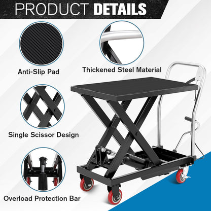 COZONY Heavy Duty Hydraulic Lift Table Cart – 330 lbs Capacity – Manual Single Scissor Platform – Adjustable Height 11-28.5 in – Non-Slip Platform – 4 Locking Wheels – For Workshop & Warehouse – Black