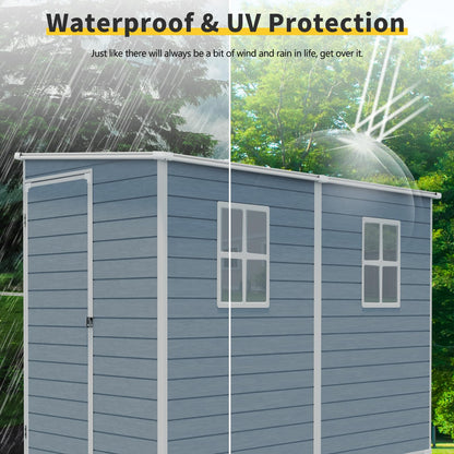 4FT x 8FT Resin Outdoor Storage Shed with Windows and Ventilation, Lockable Garden Tool Shed with Sloping Roof, Weather Resistant Backyard Storage House for Patio Lawn, Grey