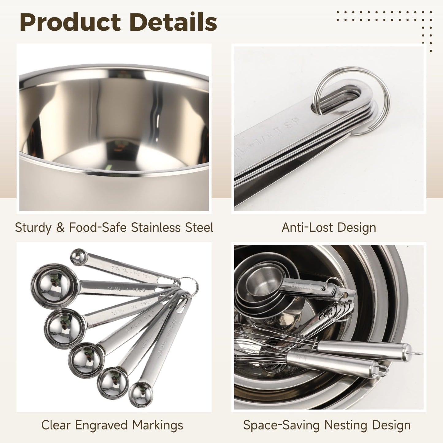 17 PCS Stainless Steel Mixing Bowls Set, Includes 3 Sizes Containers, 12 Measuring Tools, 10 in Whisk, Plastic Egg Separator, Essential Kitchen Utensil Set for Cooking, Baking, Meal Prep